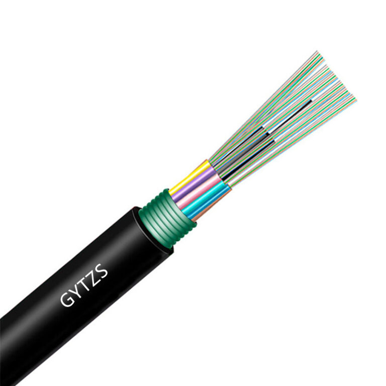GYTZS Steel-tape Armored Loose Tube Optical Fiber Cable, available in 4, 8, 12, 24, 48, or 96 fibers, designed for direct burial outdoor telecommunication networks, with flame-retardant sheath