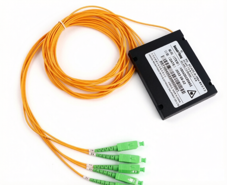 Telecom-grade 1x2 Fiber Optic Splitter, available with SC or FC connector types for both input and output ports
