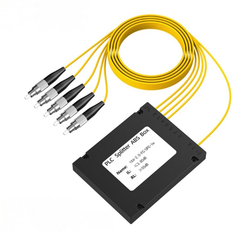 Telecom-grade 1x2 PLC Fiber Optic Splitter, available with SC or FC connector options for both input and output ports