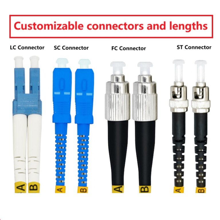 Telecom-grade Multimode Duplex Fiber Patch Cord, available in FC-LC configuration or with LC, SC, FC, or ST connectors
